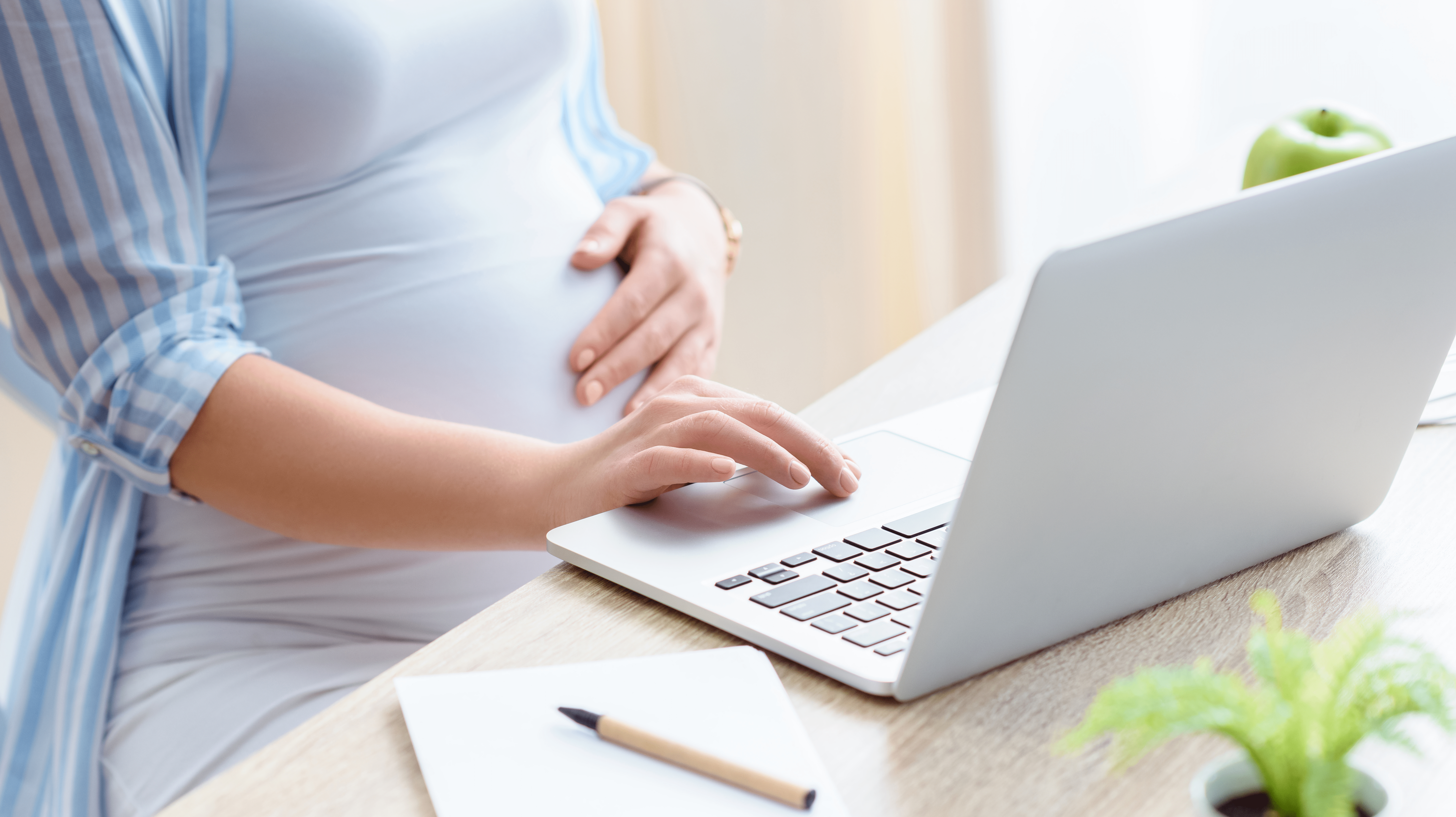 Werdende Mutter recherchiert an ihrem Notebook und haelt sich den schwangeren Bauch Werdende Mutter recherchiert an ihrem Notebook und haelt sich den schwangeren Bauch